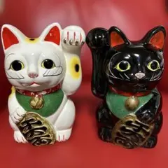 陶器製 招き猫 白黒セット高さ18.5cm