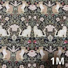 ねこ柄生地　ボタニカル柄　アールヌーボー　グリーン　1M　花柄　生地　金ラメ　猫
