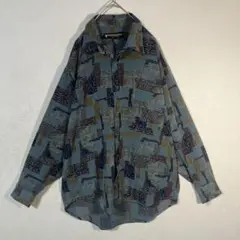 【長袖シャツ】総柄　アート柄　ダークトーン　レトロ　くすみブルー　使用感　古着