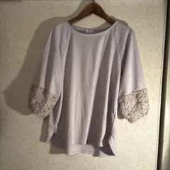 GLACIER 袖レース 七分袖カットソー ライトグレー M 襟元に糸の飛び有
