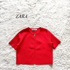 H6【ザラ】ニットカーディガン　半袖　クロップド丈　赤　S カジュアル　無地