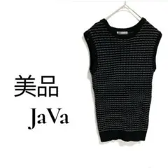 【美品】JaVa クルーネック ニットベスト 黒×白 ボーダー柄 レディース Sのサムネイル