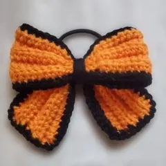 ハンドメイド かぎ針編み リボン ヘアゴム オレンジ×ブラック ハロウィン