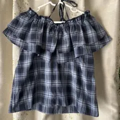 ネイビー系チェック オフショルダーシャツ M