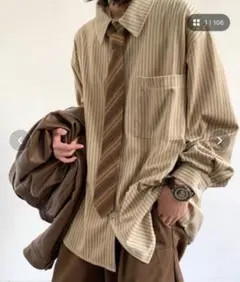 ブラウン ベージュ ストライプ 長袖シャツ