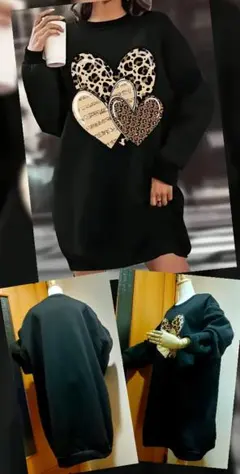 レディース・オーバーサイズ/ロング丈・トレーナー【黒✕ハート柄・５ＸＬ】新品