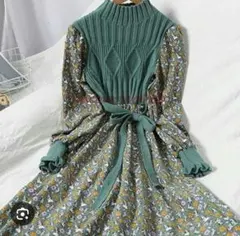 切り替えニット花柄ワンピース　ウエストリボン