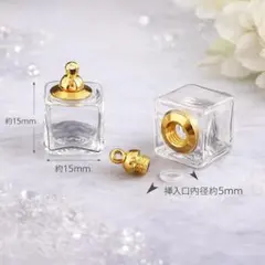 スクエアガラスボトルチャーム 約15mmネジ式フタ＆密封ゴム付きハンドメイド資材