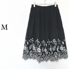 花柄刺繍 プリーツスカート M 黒 フレア ウエストゴム 上品 きれいめ 春秋