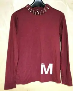 レディース 長袖 ビジュー付きバーガンディトップス ワインレッド