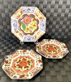 八角皿　絵皿　大1枚　小2枚　金彩　花鳥図　eze 昭和レトロ　ビンテージ