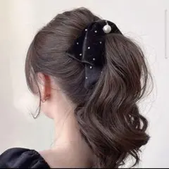 匿名配送　ドットリボン　クリップ　バナナクリップ　ヘアアクセサリー　パール　新品