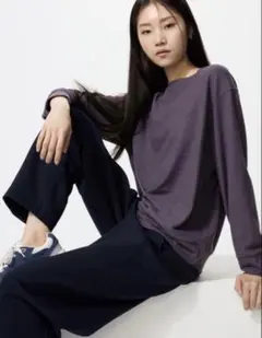 ユニクロ　パープル ソフトニットフリースクルーネック長袖Tシャツ XL