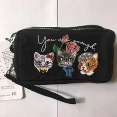 ネコ刺繍ポーチ　黒　【新品・未使用】