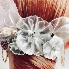 5-5 Aアメリカンフラワー髪飾りチュール付　ウエディング　ブライダル　成人式