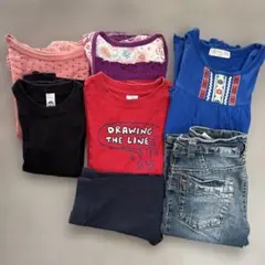 カジュアル女の子服7点セット（長袖T、デニム、チュニック、スパッツ）110cm