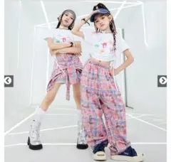 【割引中】トップスとピンクチェックロングパンツ　ダンスhip-hopダンスクロス
