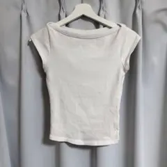 ZARA ボートネックトップス　リブ半袖Tシャツ ホワイト Mサイズのサムネイル