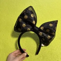 ディズニーランド シー 黒 ゴールド 水玉リボンカチューシャ デカリボン ミニー