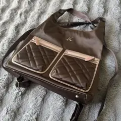 美品】キタムラ 巾着 リュック ナイロン×レザー バイカラー カーキ 茶