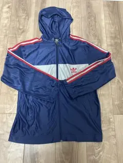 adidas フード付きジャージ ネイビー/グレー/レッド　黒タグ