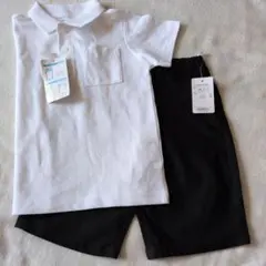 ホワイト ポロシャツ 100cm ネームタグ付き黒短パン
