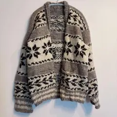 ノルディック柄 ニットカーディガン 厚手 ベージュ系 長袖 海外古着