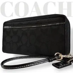 美品✨コーチ　長財布　シグネチャー　ジャガード　エナメル　ラウンドファスナー　黒