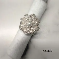 no.432ハンドメイドビーズリングパール×シルバー立体モチーフ
