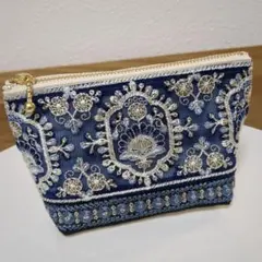 インド刺繍リボン　マチ付きポーチ