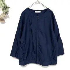 軽量ジップアップノーカラージャケット｜バンドカラー薄手ブルゾン｜ネイビー｜綿｜Lのサムネイル