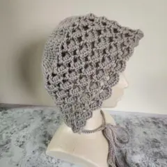 ハンドメイド秋冬用グレー かぎ針編み ボンネット　バラクラバ