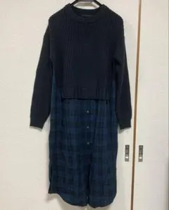 美品 シニカル チェック柄 ニット ドッキングワンピース ネイビー 冬