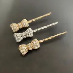 リボンモチーフ ヘアピン3個セット ラインストーン
