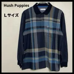 ハッシュパピー　ポロシャツ　シャツ　チェック　ロゴ　紺　ネイビー　青