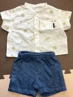 70cm ベビー服セット／花柄トップス＋デニム風ショートパンツ