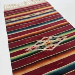 50s ヴィンテージ メキシカン ネイティブ柄手織りウールラグ フリンジ