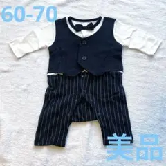 【ベビーセレモニー】タキシードロンパース　黒白ストライプ　長袖60-70