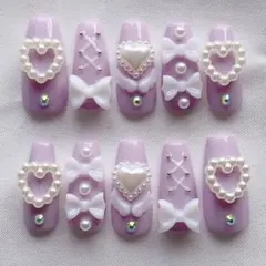 O34【オーダー】量産型 紫 ハート ネイルチップ ジェルネイル 付け爪