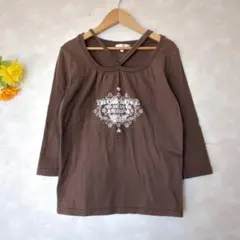 b.s.m カットソー 七分袖【L】プリント クロス風ネック ブラウン