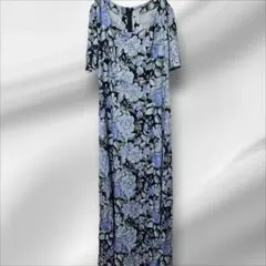 ヴィンテージ風 ボタニカル総柄 ロングワンピース 花柄 ブルー M〜L