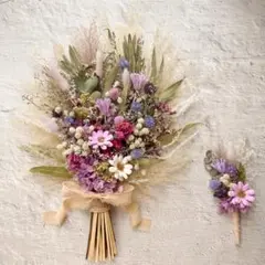 ウェディングブーケ ブートニア付きくすみピンクパープル ナチュラルドライフラワー
