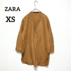 ザラ　麻混　Ｖネックブラウス　プルオーバー　茶色　XS　7分袖　ゆったり　291