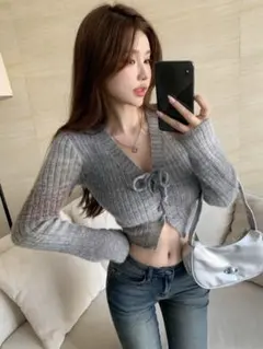 SHEIN DAZYリボン付きクロップドニットセーター XS