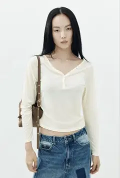 H＆M ボタンディテールファインニットトップス ライトイエロー M