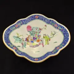 時代物 中国古磁 粉彩 手描き 三星送子図 如意形大皿 清同治銘 骨董
