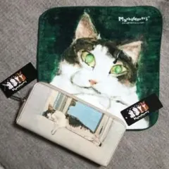 未使用 マンハッタナーズ 牛革 折り財布 小銭入れ付き 猫 ネコ よい