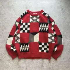 【希少】総柄ニット 赤 セーター 幾何学模様 アーカイブ レトロデザイン 個性的