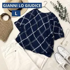 GIANNI LO GIUDICE チェック柄五分袖トップス ネイビー 綿麻