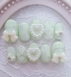 ネイルチップ♡現品 フレンチガーリー 量産型 緑 グリーン ワンホン 韓国